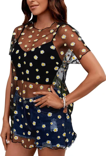 Vista 3 de Romwe Top de manga corta con estampado floral y malla transparente para mujer con ribete de lechuga