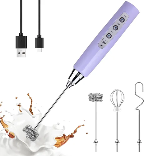 Vista 34 de YUSWKO Baby Blue - Varita espumadora de leche de mano para café, batidor eléctrico recargable con 3 cabezales, 3 velocidades, mezclador de bebidas