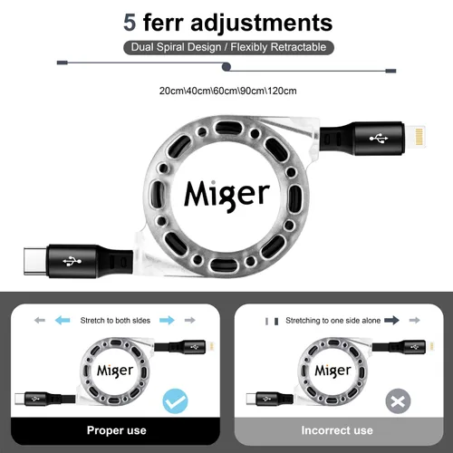 Vista 6 de Miger Cable USB C a Lightning [2 unidades de 4 pies] Cargador retráctil para iPhone de carga rápida tipo C a Lightning Cable de carga MFi