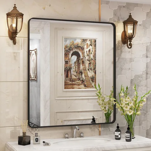 Vista 82 de Paquete de 2 espejos de baño con marco de metal negro de 22 x 30 pulgadas, espejo rectangular redondeado negro mate, antioxidante, se cuelga