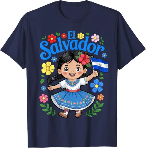 Vista 31 de Camiseta de estilo tradicional floral para niña con la bandera de El Salvador