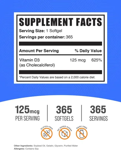 Vista 2 de BulkSupplements. com Vitamina D3 5000IU Softgels - Colecalciferol, Suplemento D3, Vitamina D 5000 UI - 1 Vitamina D3 Softgel (125mcg de Vitamina D)