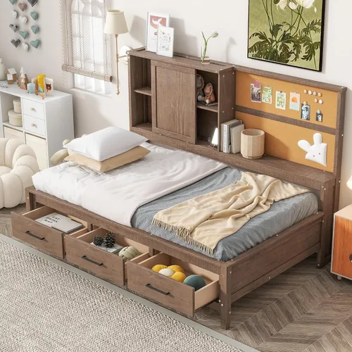 Vista 24 de Sofá cama de madera de tamaño matrimonial con 2 armarios de noche, estantes superiores y 4 cajones, marco de madera resistente, espacio de Marrón