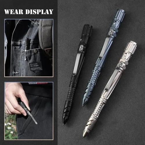 Vista 3 de Bolígrafo táctico de defensa personal militar EDC, negro Glass Breaker, Bottle Opener, Emergency Heater, Multi Tool Survival Pen, For Men Women