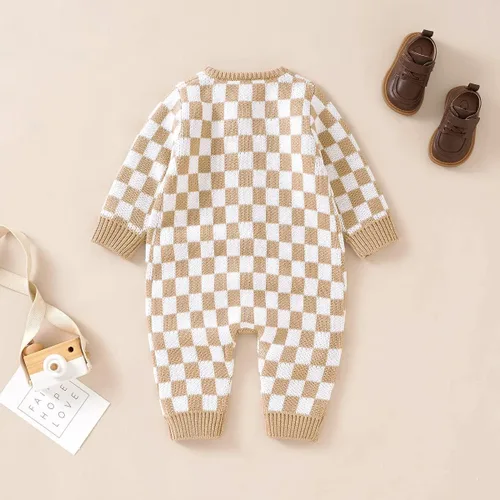 Vista 5 de Mameluco de punto unisex para bebé, niña, niño, overol de punto a cuadros, de una pieza, suéter con botones