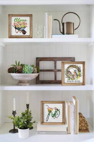 Vista 8 de Juego de 3 marcos de madera rústica para decoración de estantes, mantel o bandeja escalonada, 36 letreros intercambiables de temporada para el hogar