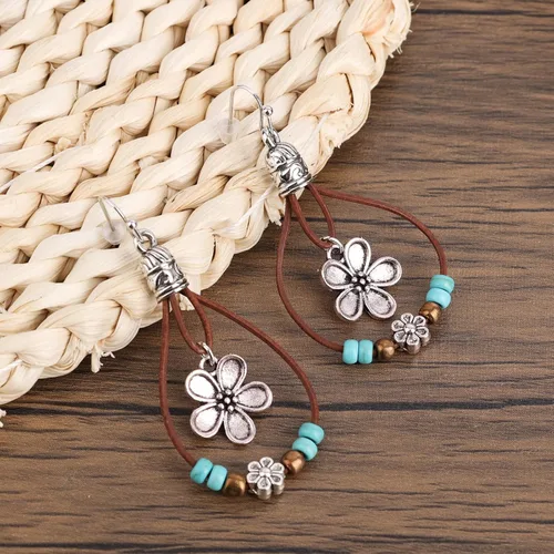Vista 4 de Boho Flower Earrings,Bohemian Western Leather Dangle Drop Earrings with Nature Stones Vintage Handmade Country Concert Outfits Accessories for Women