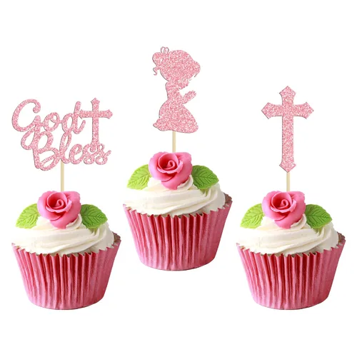Vista 13 de Gyufise 24 decoraciones doradas para cupcakes con purpurina de Dios bendiga y cruz para baby shower, decoración para baby shower, fiesta