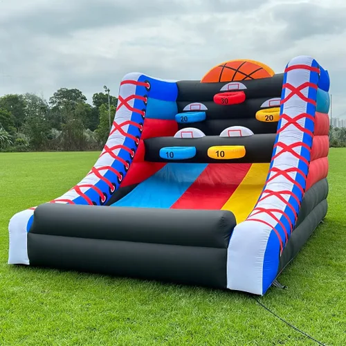 Vista 2 de Juego de baloncesto inflable con 5 aros, 4 bolas, ventilador comercial fácil de instalar, ideal para juegos interactivos de baloncesto