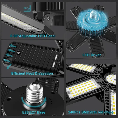 Vista 5 de Luz LED de garaje de 200W 20000LM 6500K, luces de techo de garaje con 7+1 paneles ajustables, luces de tienda con rosca E26 E27 para taller, sala