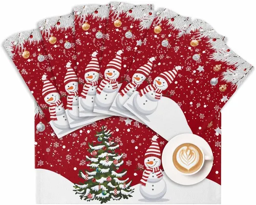 Vista 7 de Juego de 6 manteles individuales de Navidad, muñeco de nieve, copo de nieve, árbol de Navidad, resistentes al calor, para mesa de comedor, lino