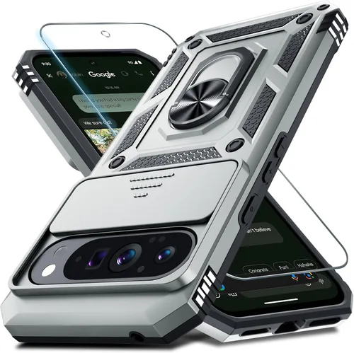 Vista 30 de Janmitta - Funda compatible con Google Pixel 9 Pro XL con cubierta deslizante para lente de cámara incorporada + protector de pantalla + soporte