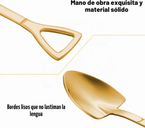 Vista 8 de Cucharas con forma de pala dorada, 2 cucharas de acero inoxidable, mango largo, café, helado, cucharadita para el hogar, cocina, restaurante, fiesta