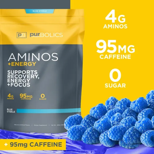 Vista 3 de Purbolics Aminos + Energía Apoya la recuperación, la energía y la concentración 95 mg de cafeína, 0 calorías y 60 porciones (azul acero)