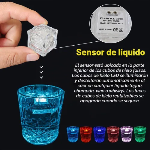 Vista 2 de Paquete de 120 cubitos de hielo iluminados, cubitos de hielo LED que brillan para bebidas con sensor de líquido, luces LED impermeables multicolor
