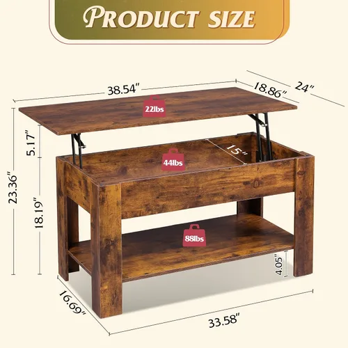 Vista 3 de WLIVE Mesa de Centro, Mesa de Centro de 39" con Tapa Elevable y Compartimento Oculto, Estante de Almacenamiento y Tapa Elevable para Hogar, Sala