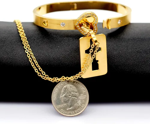 Vista 6 de Uloveido Collar con dije de llave de escudo y pulsera con candado para niñas, niños, pareja, collar, pulsera para hombres y mujeres, regalo