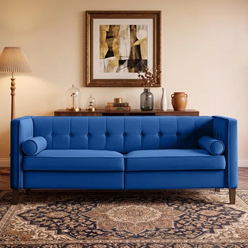 Vista 6 de Sofá de terciopelo de 78 pulgadas, sofá de 3 plazas con almohadas de refuerzo, diseño copetudo con botones Azul