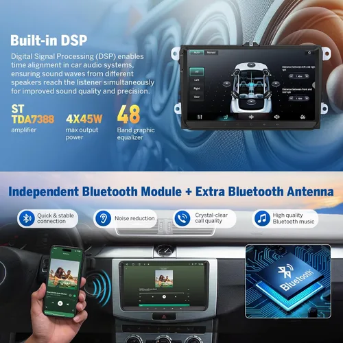 Vista 8 de Eonon Android 14 Estéreo de auto para Volkswagen Golf Passat SEAT Skoda, Unidad principal táctil CarPlay Android Auto de 9'' con DSP, Bluetooth