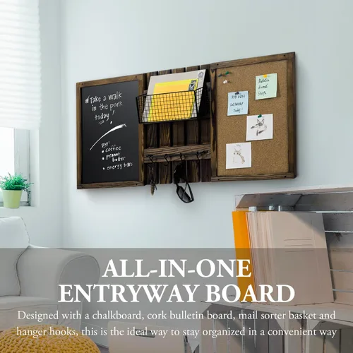 Vista 3 de MyGift - Juego de tablero de anuncios de entrada montado en pared de 3 paneles con marco de madera maciza rústica quemada, pizarra, tablero