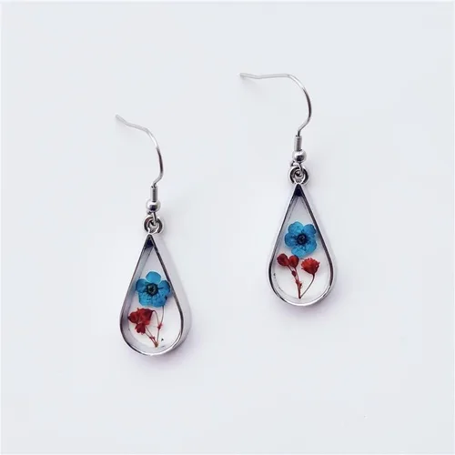 Vista 7 de Pendientes colgantes de resina con forma de lágrima, aretes de flor de acero inoxidable, aretes vintage para el día de la madre, regalo para mujeres