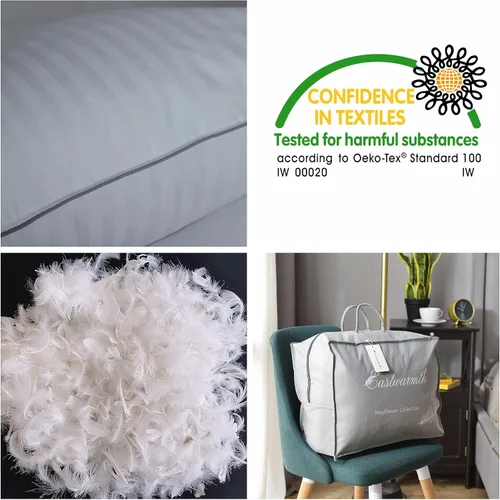 Vista 2 de Almohada de cama de plumas de ganso para dormir, almohada de cama suave tamaño queen, funda de 100% algodón, tamaño Queen, rayas blancas, 1 paquete