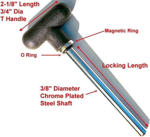 Vista 4 de Pasador magnético, extensible (3/8 pulgadas de diámetro y 5-1/2 pulgadas de espacio de bloqueo) con mango en T negro, llave de repuesto universal