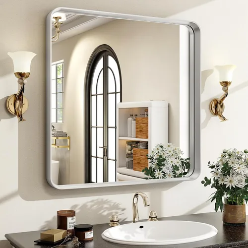 Vista 29 de Espejo de baño negro de 30"x22" - Espejo moderno para pared con esquinas redondeadas, espejos de baño para tocador, espejo enmarcado de aleación