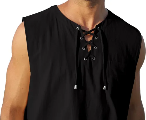 Vista 5 de KUYIGO Camisetas sin mangas de lino y algodón para hombre, estilo casual, con cordones, para playa, hippie