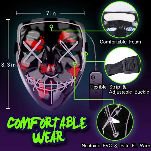 Vista 4 de Máscara de Purga LED de Halloween con luz para Halloween para fiestas de festivales disfraz de adultos hombres mujeres y niños 3 modos de vida