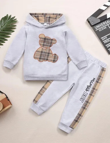 Vista 4 de Ropa de bebé niño a cuadros con capucha de manga larga con capucha y pantalones de retazos, ropa de invierno para niño