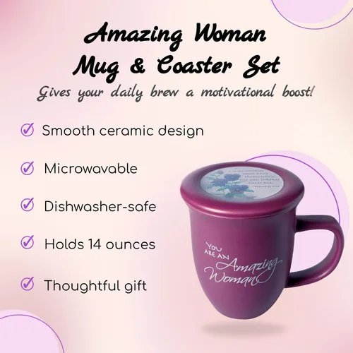 Vista 2 de Amazing Woman - Taza y portavasos, tapa de cerámica, taza grande de café o té de 14 onzas, color morado oscuro