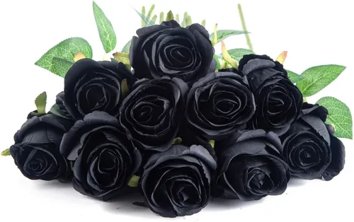 Vista 4 de 10 rosas artificiales de tallo largo, rosas de seda falsas para bricolaje, ramo de boda, mesa, centro de mesa, decoración del hogar (negro)