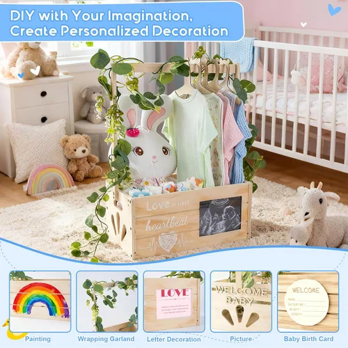 Vista 2 de Armario de madera para baby shower, cesta de baby shower personalizada con corona y colgador, marco de fotos de ecograma Love at First Sight de Love