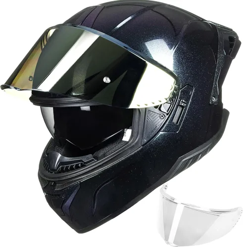 Vista 11 de ILM Cascos de motocicleta de cara completa para adultos, hombres y mujeres, doble visera Powersports Motorbike Street Racing 619 (negro dorado, S)