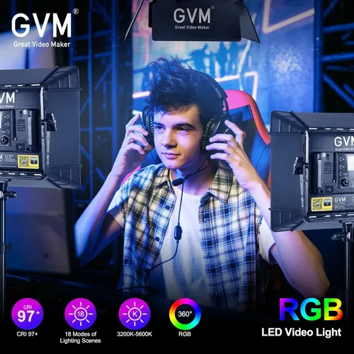 Vista 4 de GVM - Kit de iluminación LED RGB de video de estudio 800D con panel, control de aplicación para iluminación de fotografía de YouTube, 3200K-5600K, 8