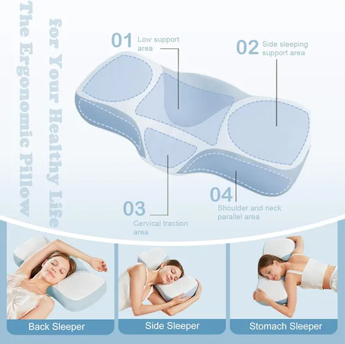 Vista 4 de Almohada cervical para el cuello para aliviar el dolor, almohadas ergonómicas de espuma viscoelástica para dormir con funda de almohada lavable