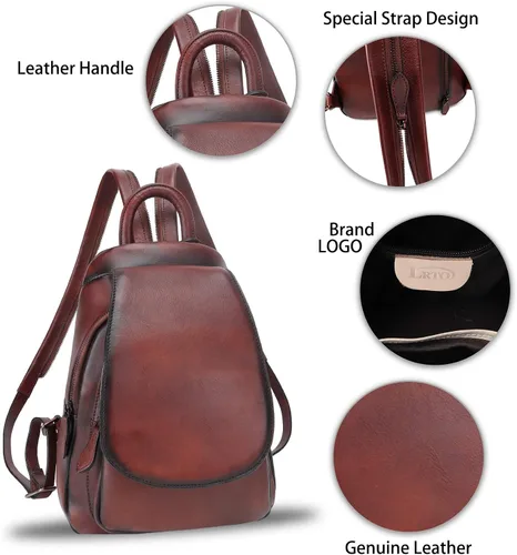 Vista 6 de LRTO Mochila de cuero genuino para mujer, mochila vintage casual para universidad, hecha a mano, mochila occidental de piel de vacuno