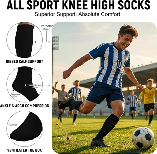 Vista 4 de Cushioned Knee High Soccer Softball Socks 2 Pairs Youth Adult Negro