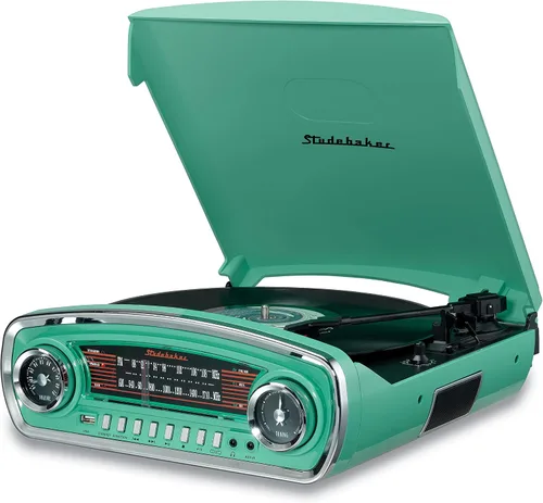 Vista 5 de Studebaker Tocadiscos de control de tono de 3 velocidades con receptor Bluetooth Radio estéreo AM/FM/ranura USB para reproducción de MP3/auriculares