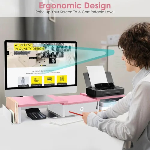 Vista 4 de Soporte elevador de monitor doble con cajón y pata de metal, estante de escritorio grande para 2 monitores con longitud y ángulo ajustables