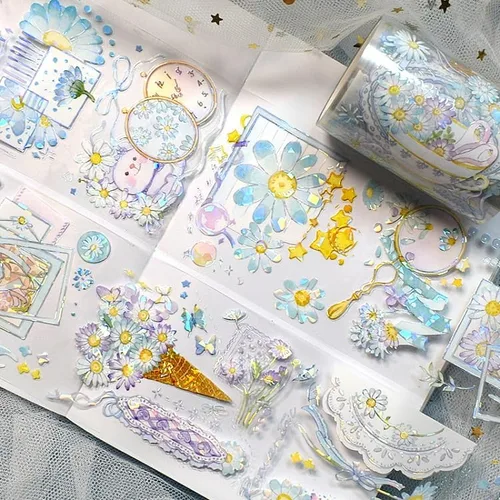 Vista 19 de Cinta washi de rosa para collage original de flores, creatividad, hecha a mano, para libro de diario, material PET con efecto láser (90387)