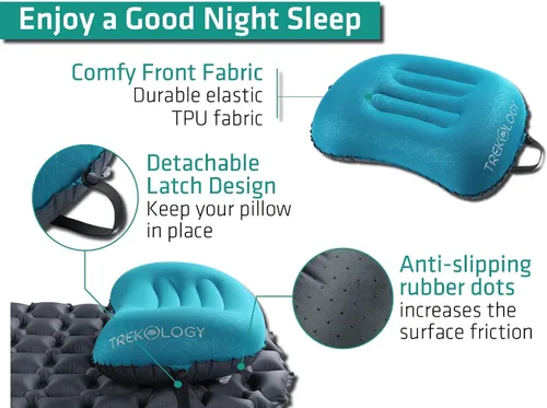 Vista 3 de TREKOLOGY ALUFT2.0 (azul claro) y almohadilla de dormir UL comprimible, compacta, cómoda, ergonómica almohada inflable, alfombrilla inflable