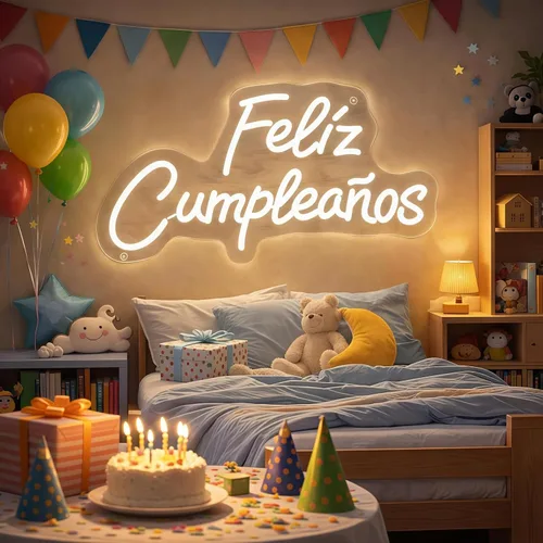 Vista 8 de Letrero de neón personalizado con texto en inglés «Feliz Cumpleaños», luz LED de pared para cumpleaños, decoración de fiestas, patio trasero