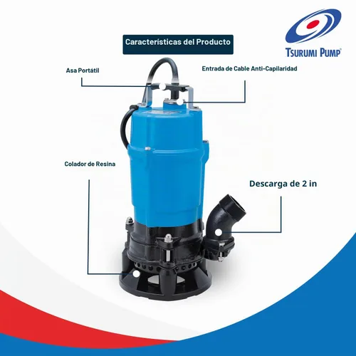 Vista 3 de Tsurumi Pump HSD2.55S Bomba sumergible para lodos con agitador 3/4 HP 115V 2 en descarga ideal para aplicaciones de deshidratación 63 GPM / 3780