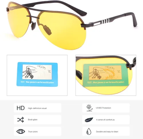 Vista 3 de Gafas de conducción de visión nocturna para hombres y mujeres, antirreflejos, lentes polarizadas amarillas, montura de metal piloto