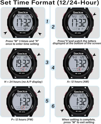 Vista 9 de SOCICO Reloj digital para hombre, deportivo, impermeable, para exteriores, con gran esfera, relojes militares, con cronómetro, luz de fondo, alarma