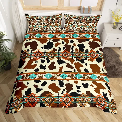 Vista 39 de Erosebridal Funda de edredón de piel de vaca marrón con estampado de vaca de las tierras altas, juego de ropa de cama occidental exótico azteca