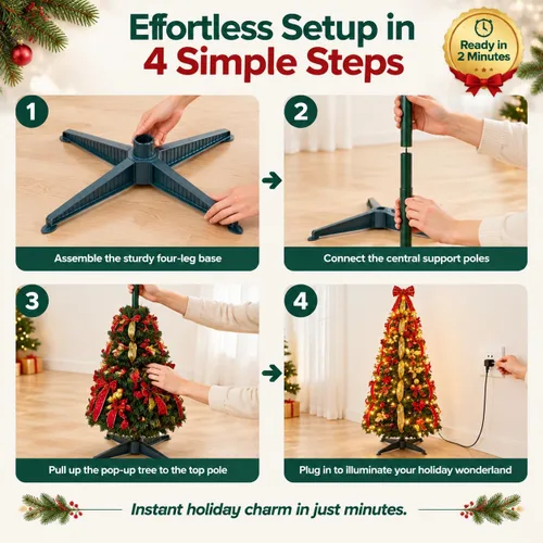 Vista 6 de Árbol de Navidad desplegable de 5 pies con luces LED Árbol artificial plegable preiluminado, decorado con Navidad, plegable para interiores, espacio