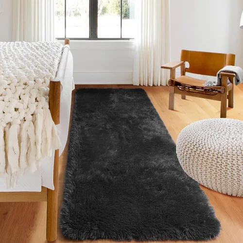 Vista 2 de ONASAR - Alfombra de pasillo negra de 2 x 6 pies, esponjosa, lavable, ultrasuave, afelpada, peluda, tapete para bebés, dormitorio de niños, armario